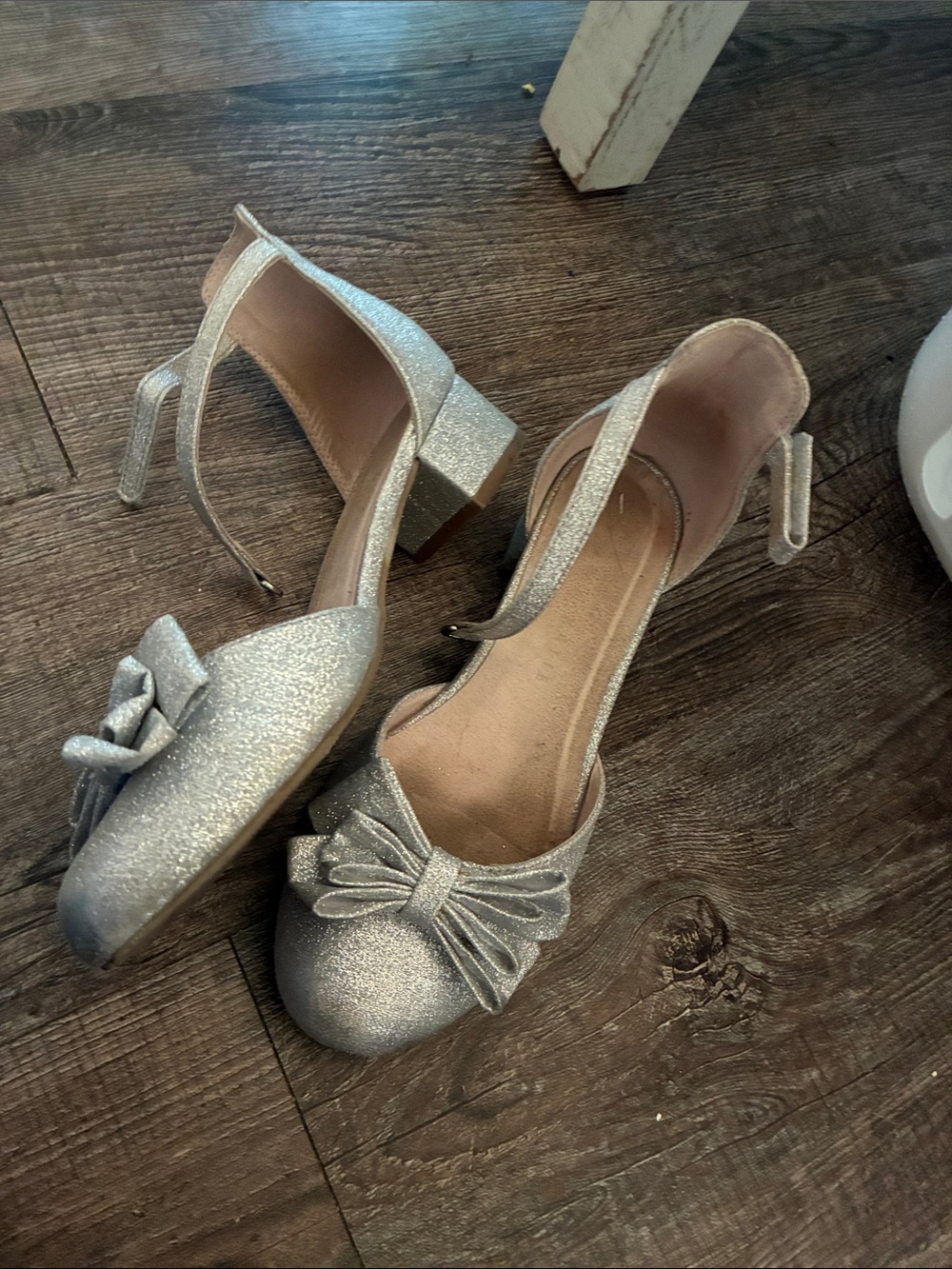 Kelly & Katie Silver Glitter Ankle-Strap Heels with Bow